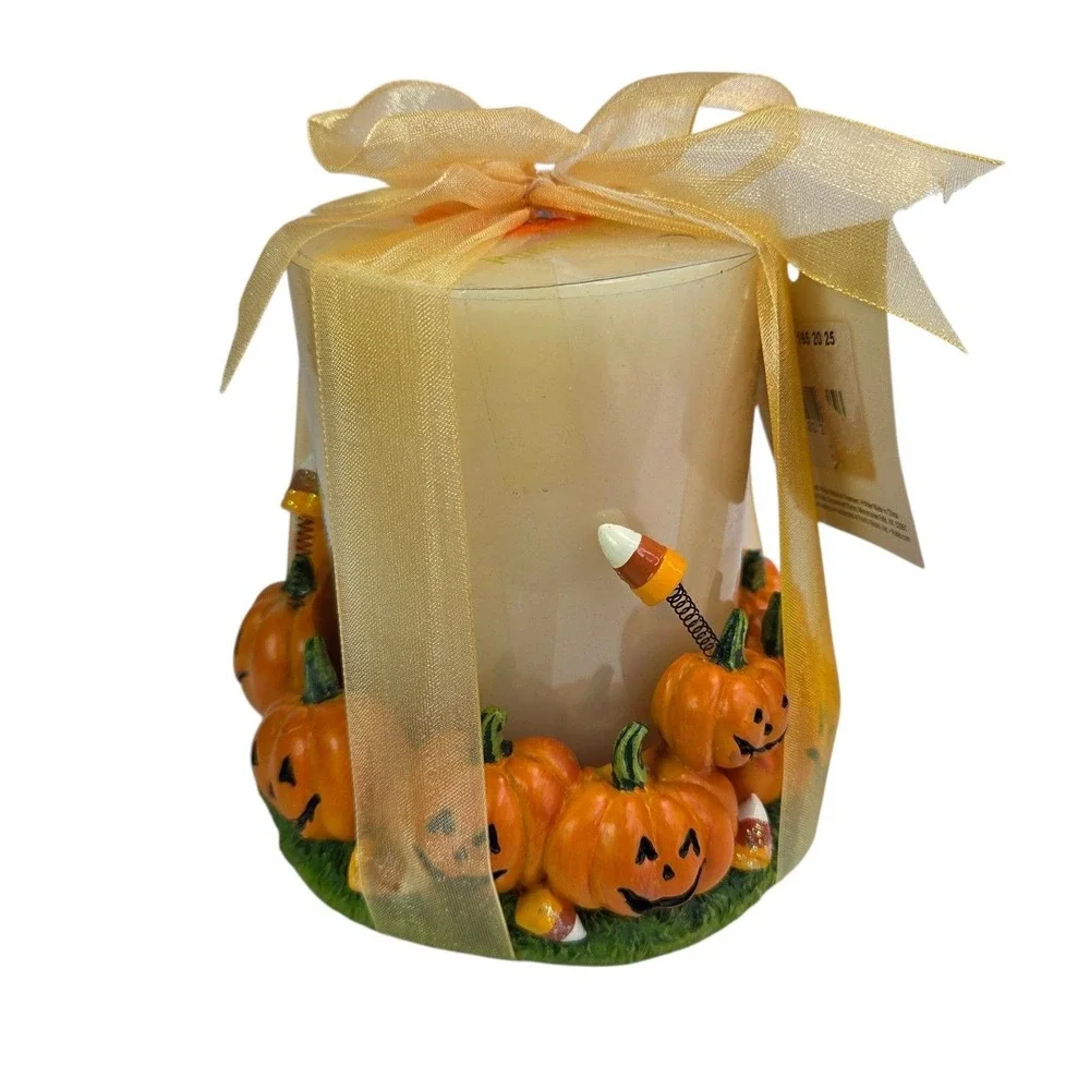 Halloween Pumpkin and Candy Corn Pillar Candle Holder Orange Green Autumn New